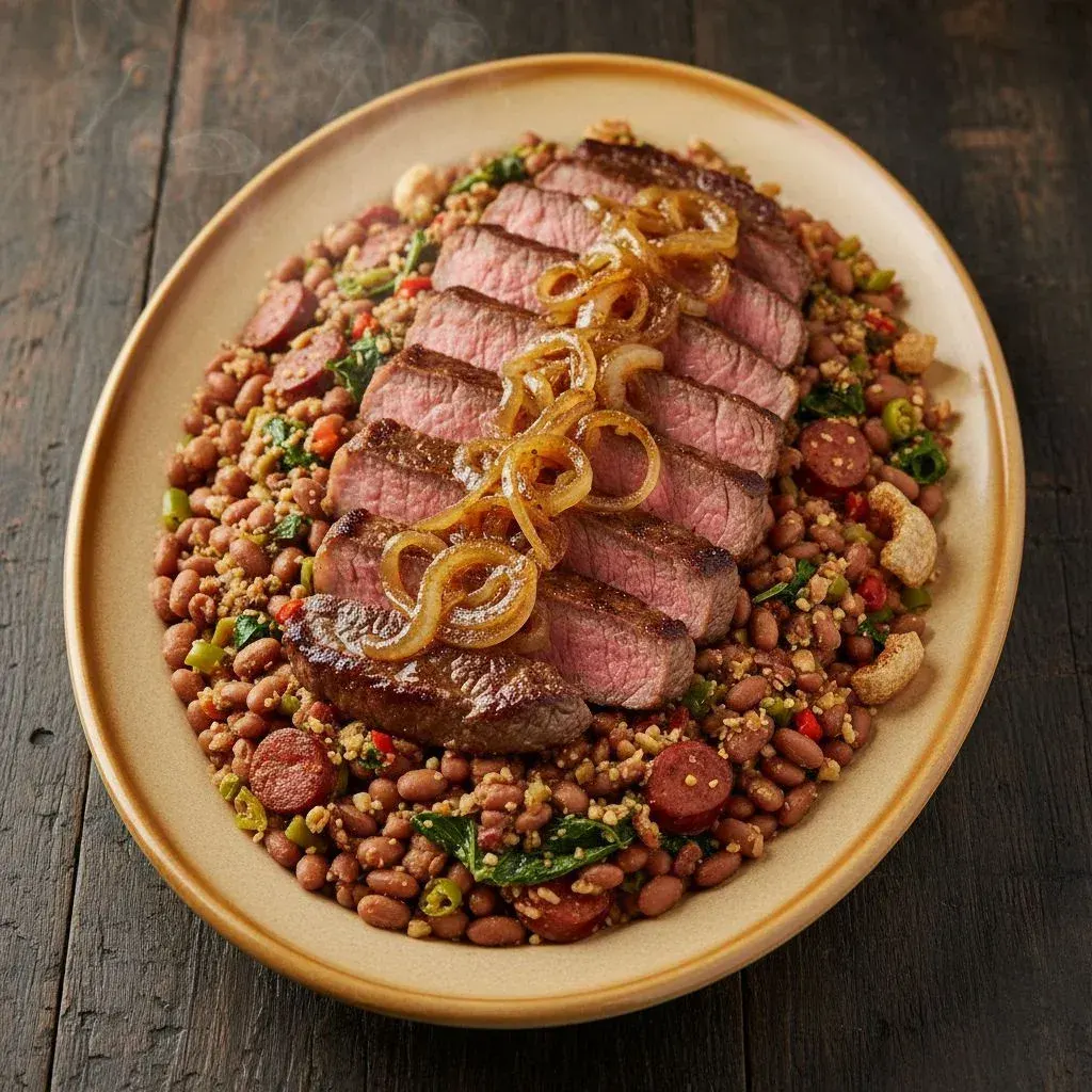 Feijão Tropeiro with Sliced Steak and Onions (serves 2)