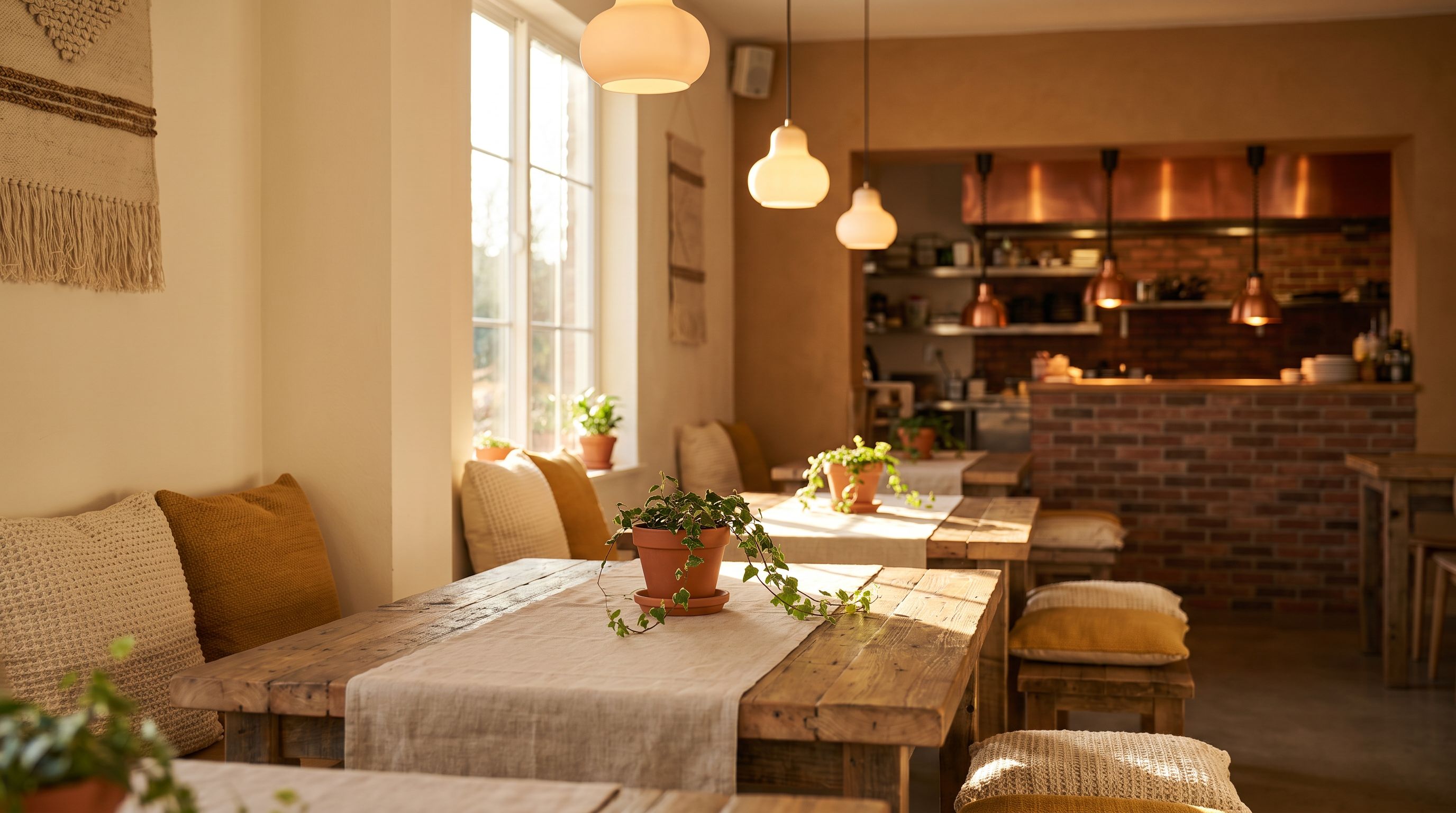 Cozy golden-hour interior of a small artisanal restaurant