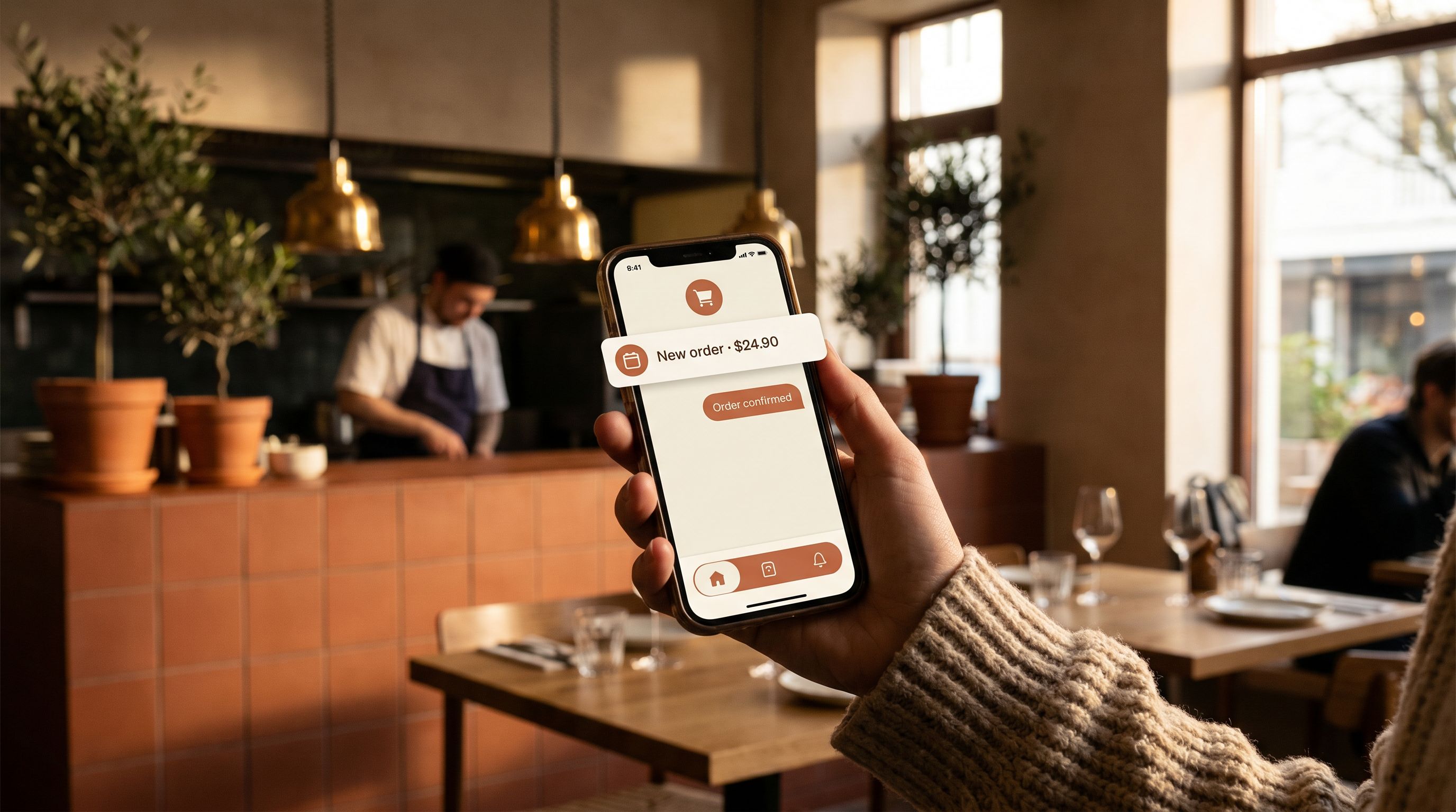 A diner holding a phone showing a confirmed Sunobot order in a warm restaurant