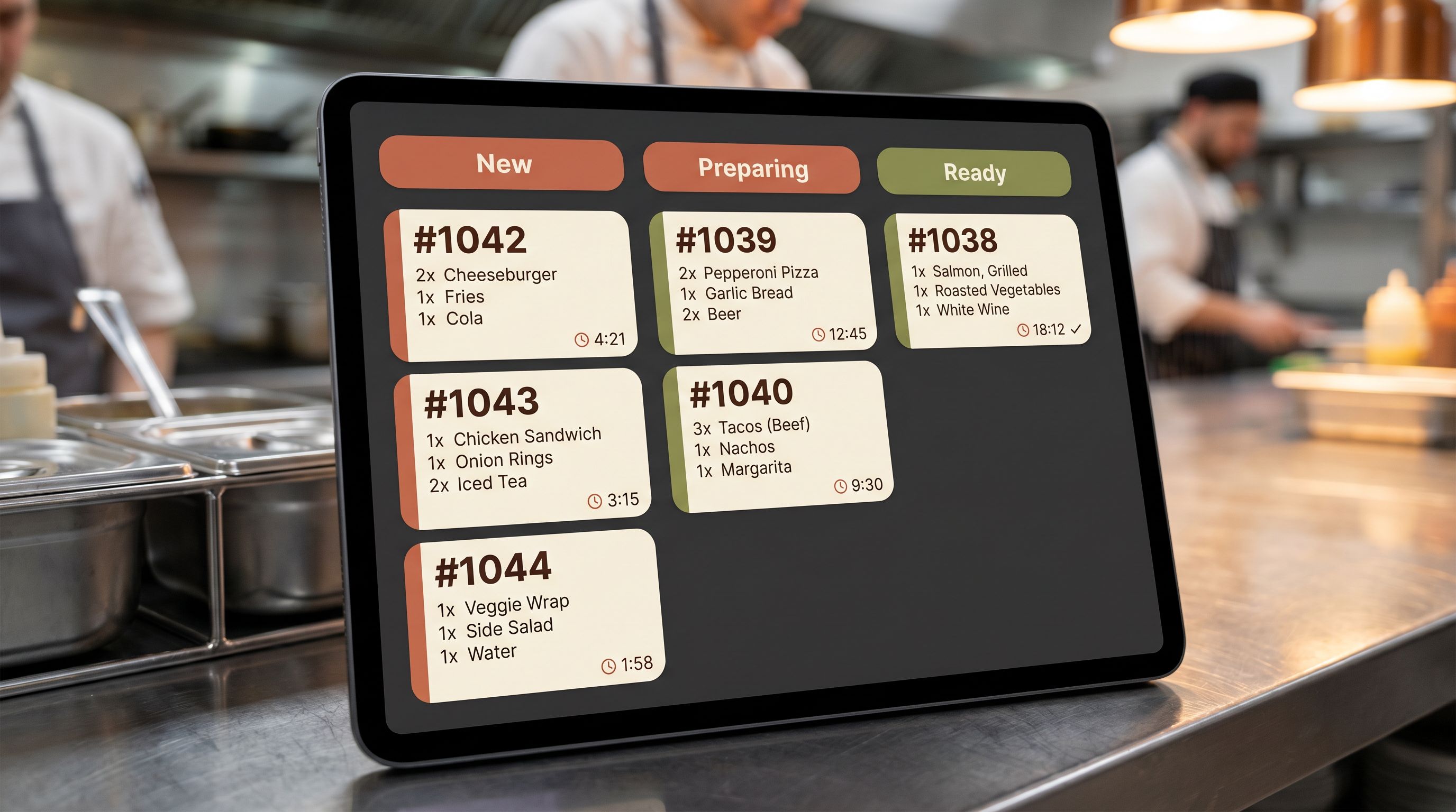 Sunobot kitchen display showing New, Preparing and Ready orders on a kitchen tablet