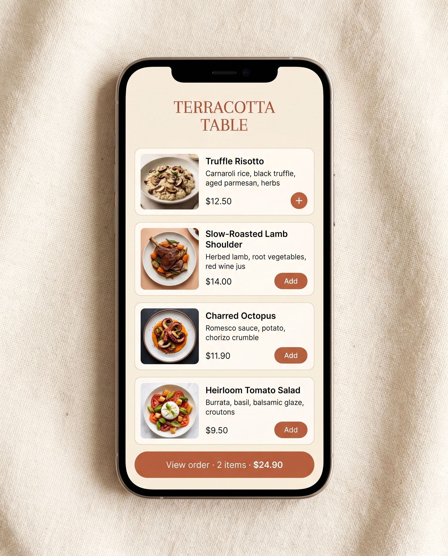 The Sunobot ordering site on a phone, showing menu items and a cart