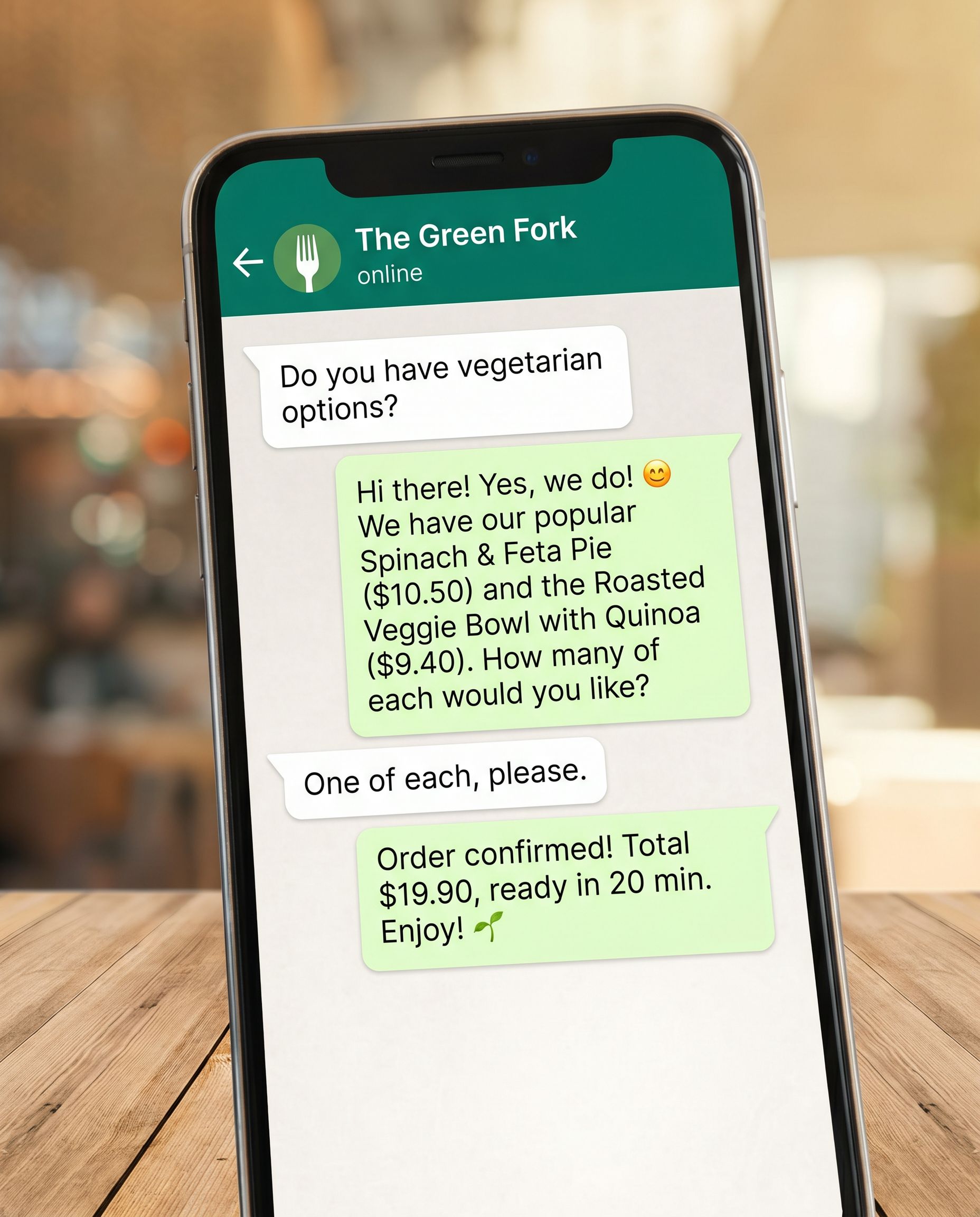 A WhatsApp chat where Sunobot's AI takes a customer's order
